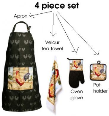 ROOSTER APRON GLOVE TEA TOWEL POT HOLDER KITCHEN SET New